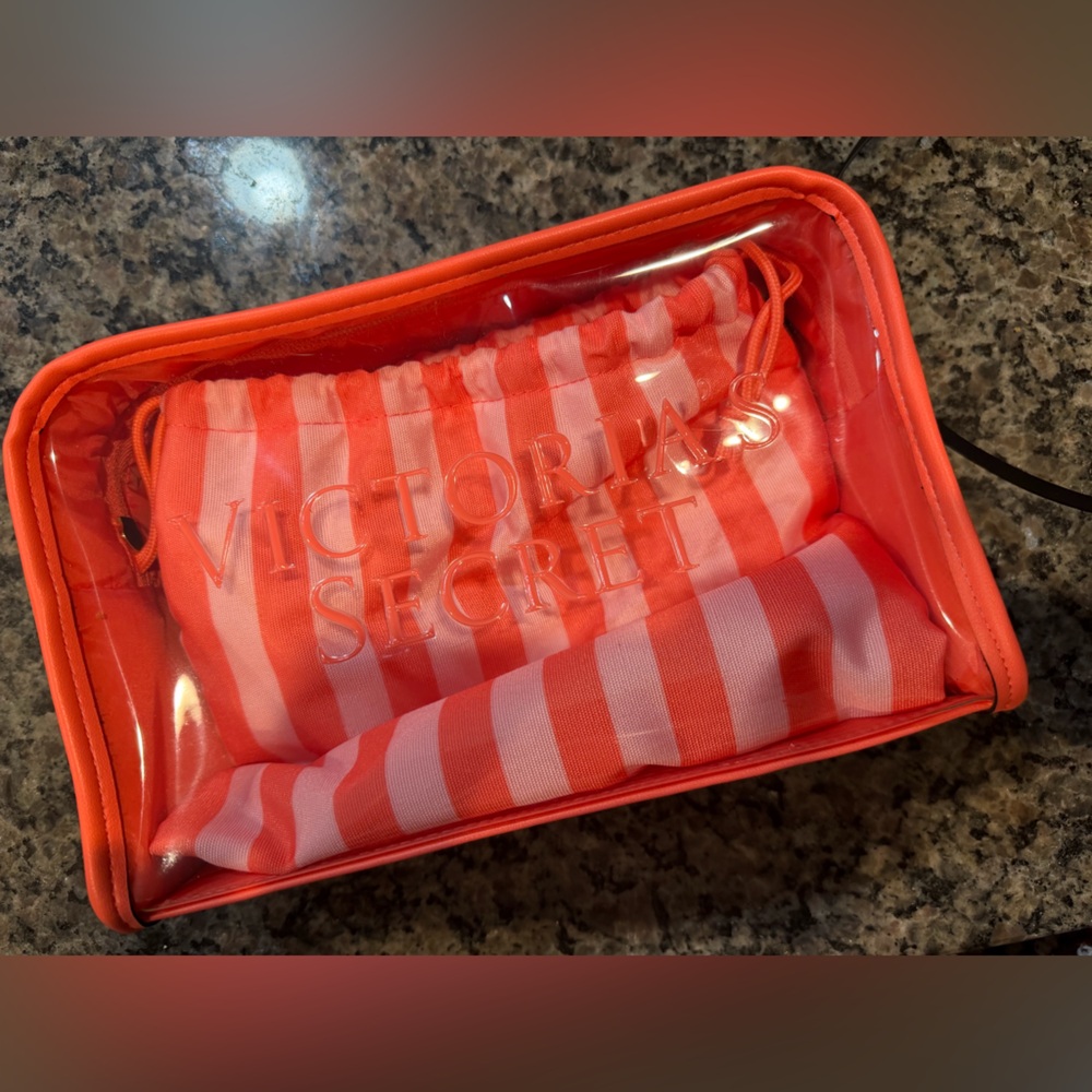 Victoria's Secret Coral and White Stripe Cosmetic Pouch